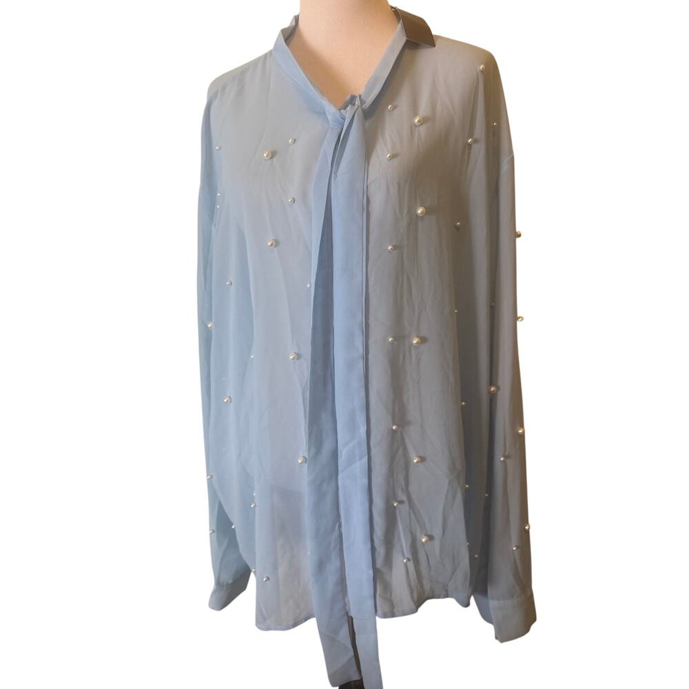 NWT Incerun Top Blouse Womens Siz5XL Blue Sheer Faux Pearls Long Sleeve Tie Neck